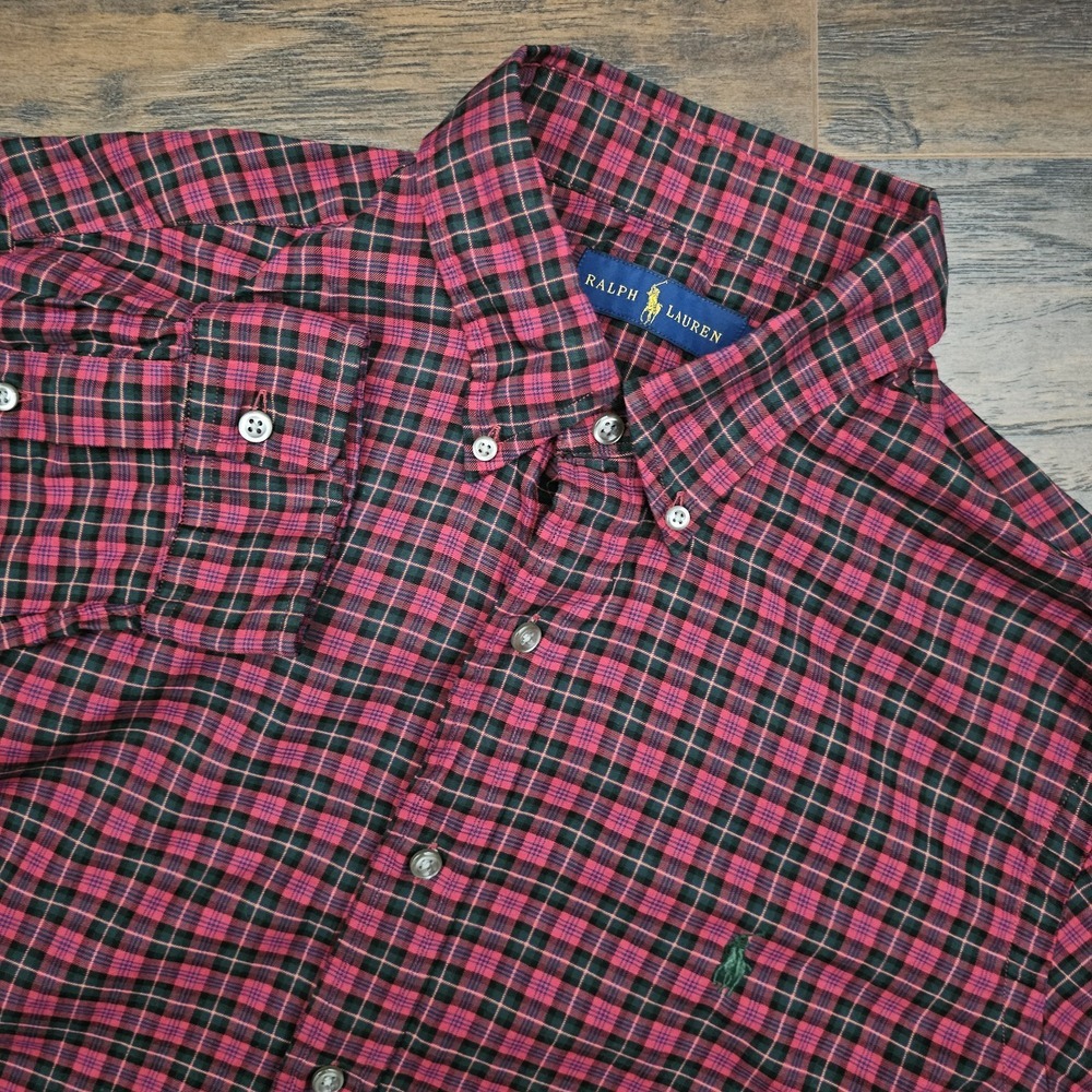 Ralph Lauren Mens Large Shirt‎ Red Green Long Sleeve Button Down Pony Casual